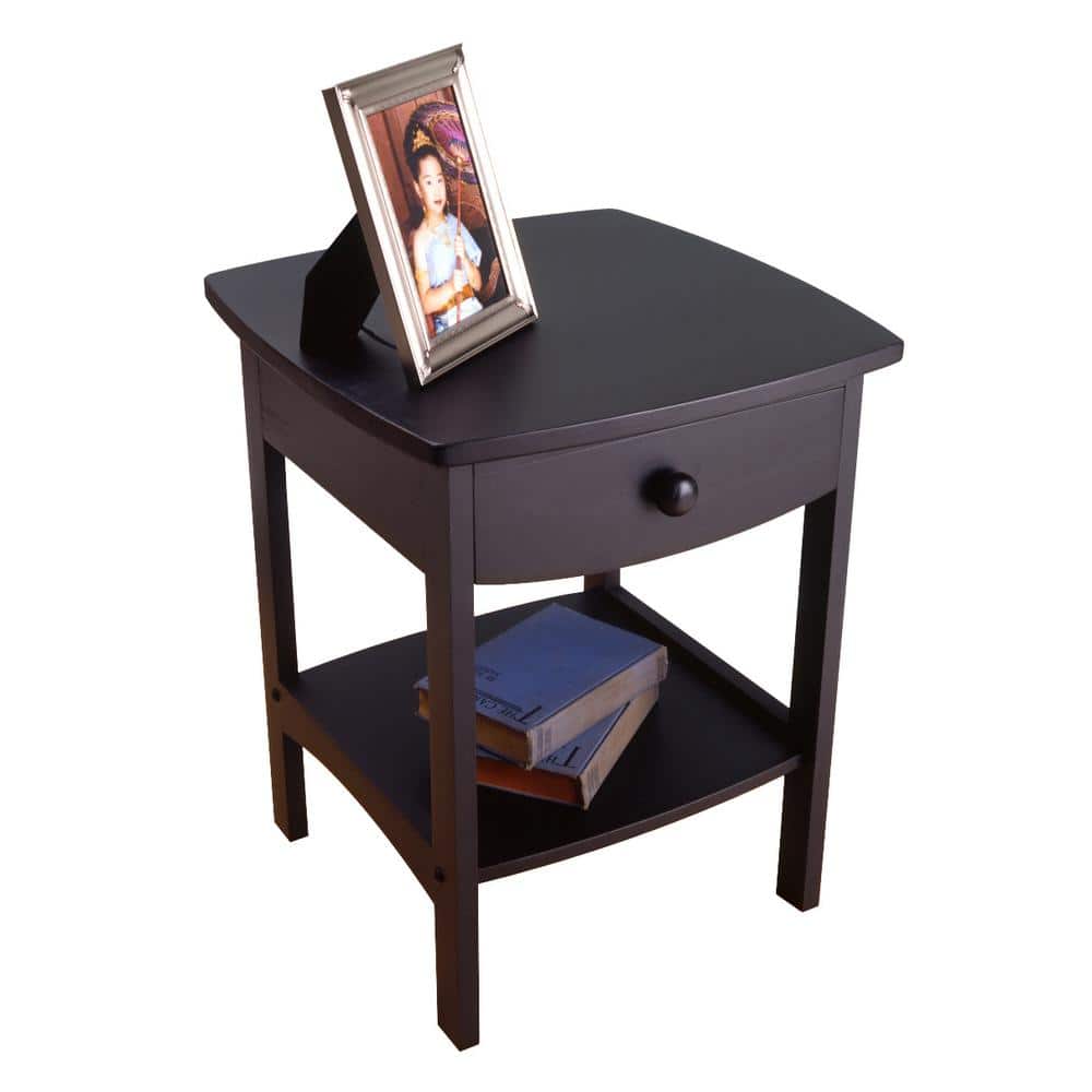 Transitional Square Black Nightstand with Storage Drawer and Open Shelf