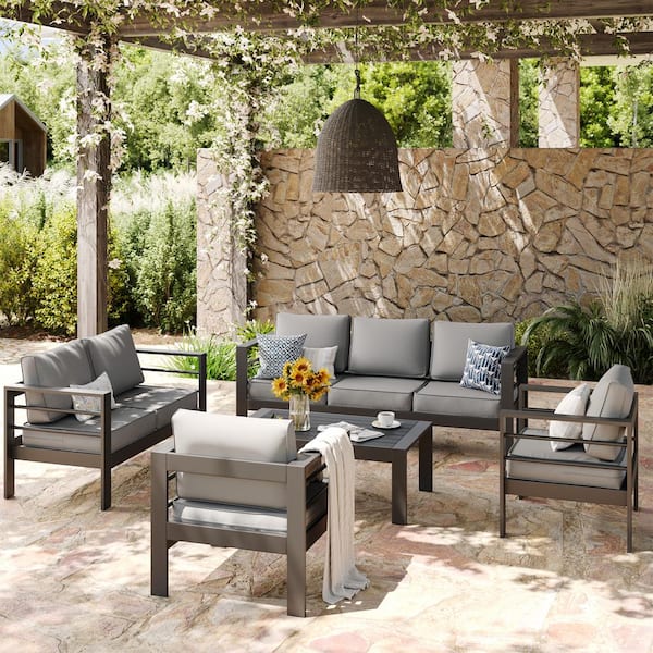 ELPOSUN 5-Piece Charcoal Gray Aluminum Patio Conversation Set with Light Gray Cushions and Coffee Table