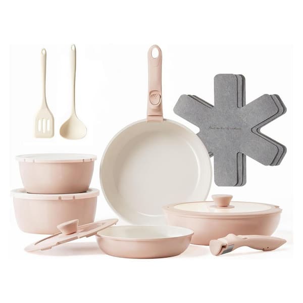 16-Piece Pink Ceramic Nonstick Cookware Set with Detachable Handles, Oven Safe, Induction Compatible, Includes Lids