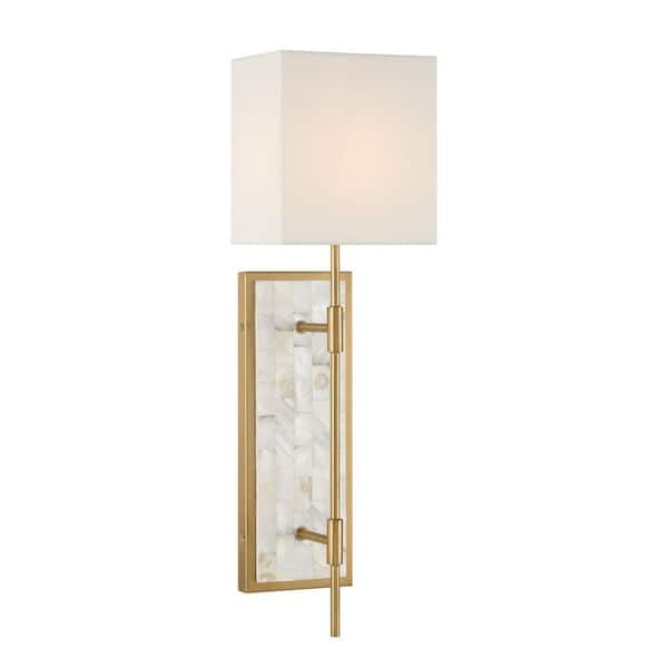 Savoy House Eastover 1-Light Warm Brass Wall Sconce with White Fabric Shade and Capiz Shell Backplate