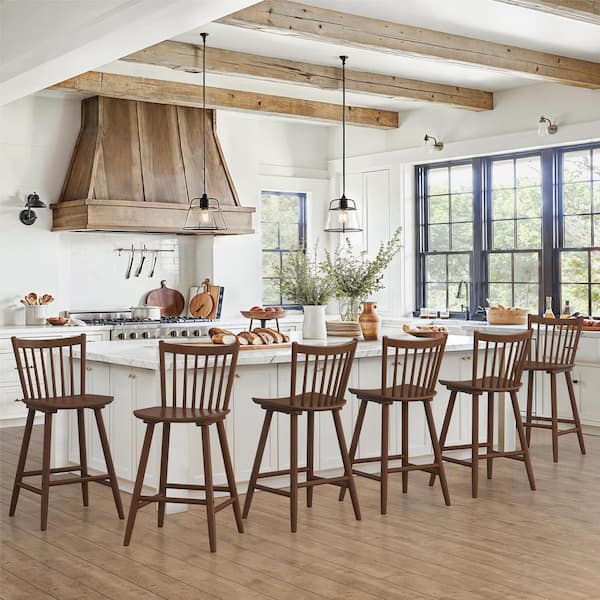 LUE BONA Winston 24 in. Brown Windsor Barstool Wooden Farmhouse Spindle Back Counter Height Stool for Kitchen Island (Set of 6)