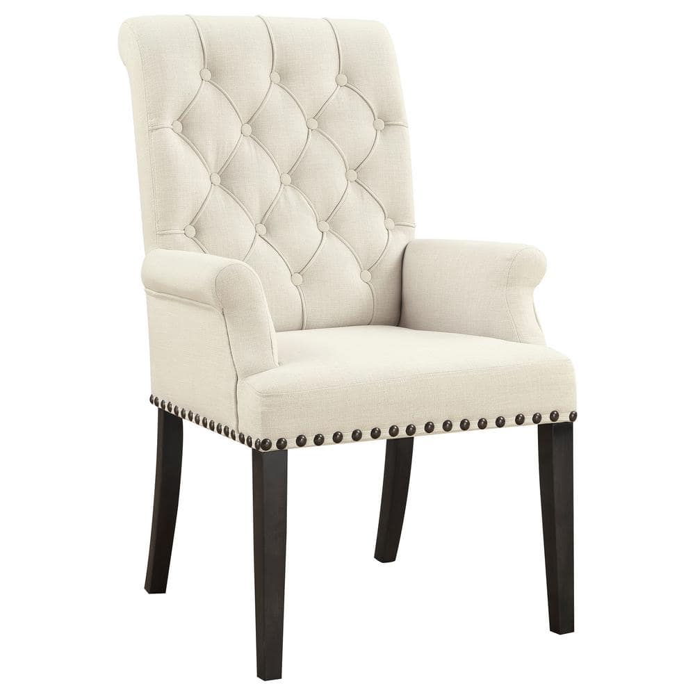 Elegant Beige Linen Upholstered High Arm Chair with Smokey Black Wood