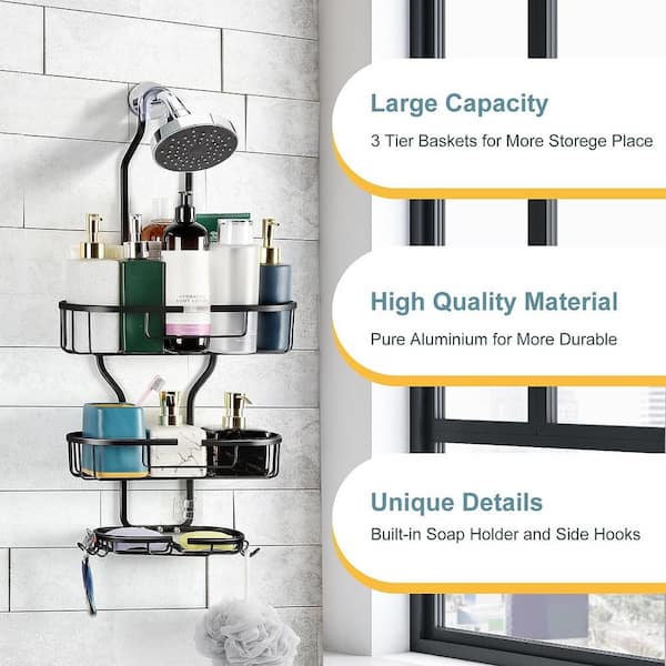 Oumilen Over The Door 3 Tier Shower Caddy, Adjustable Hanging Organizer with Suction Cup, Black - Silver