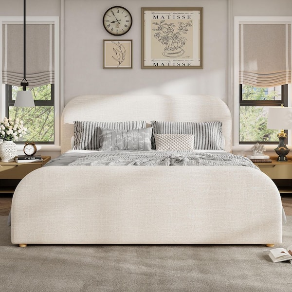 Beige Wood Frame King Size Linen Upholstered Platform Bed with Curved Headboard, Solid Wood Legs
