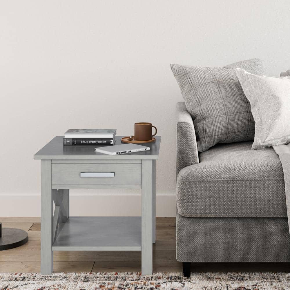 Fog Gray Solid Wood Transitional End Table with Storage