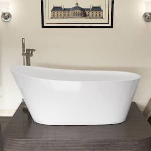 59 in. x 29.1 in. Acrylic Flat Bottom Free Standing Bathtub Oval Freestanding Soaking Bathtub with Side Drain in White