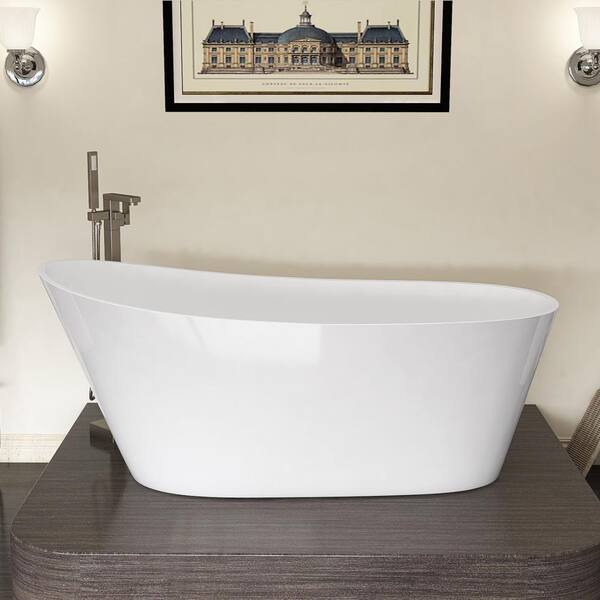Getpro 59 in. x 29.1 in. Acrylic Flat Bottom Free Standing Bathtub Oval Freestanding Soaking Bathtub with Side Drain in White