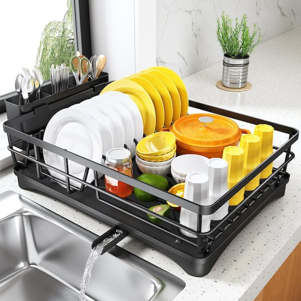 Black Stainless Steel Dish Drying Rack for Kitchen Counter with Drainboard, Rustproof Dish Drainer with Utensil Holder