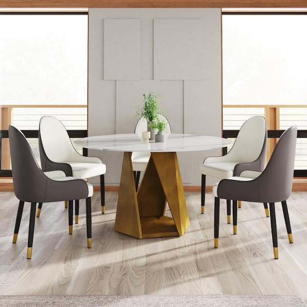 Magic Home 53.1 in. White Round Sintered Stone Tabletop Bronze Pedestal Base Kitchen Dining Table (Seats-6)