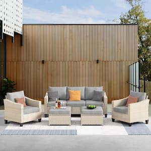 Oconee Beige 5-Piece Beautiful Outdoor Patio Conversation Sofa Seating Set with Dark Grey Cushions