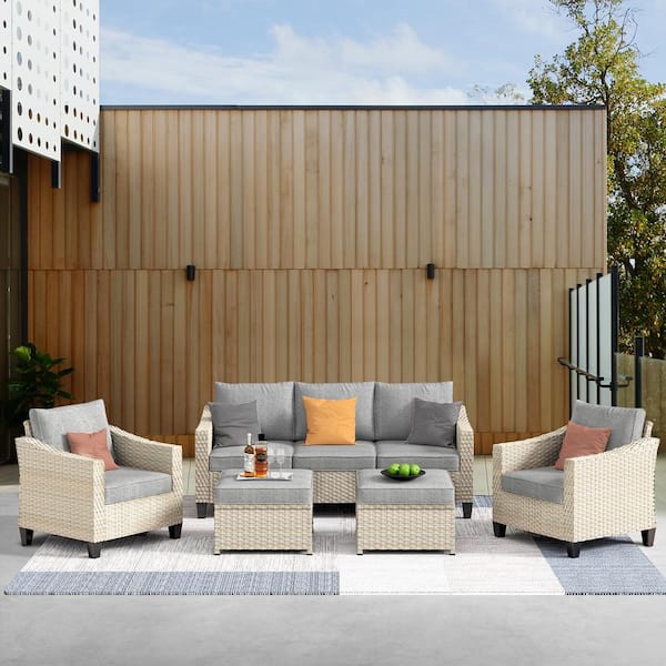 HOOOWOOO Oconee Beige 5-Piece Beautiful Outdoor Patio Conversation Sofa Seating Set with Dark Grey Cushions