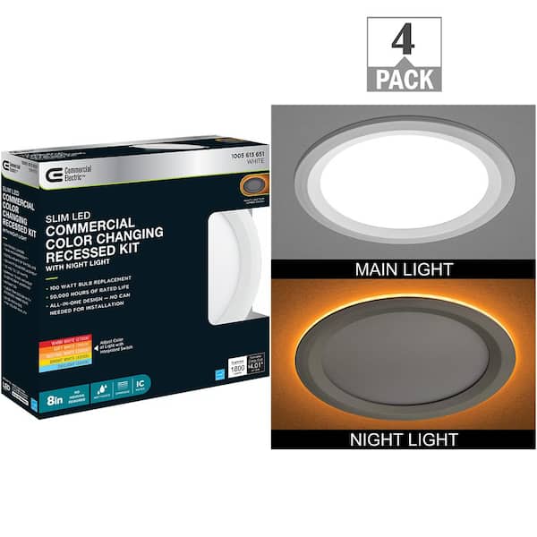 Commercial Electric 8 in. Canless Adjustable CCT Integrated LED Recessed Light Trim Night Light 1800lms New Construction Remodel (4-Pack)
