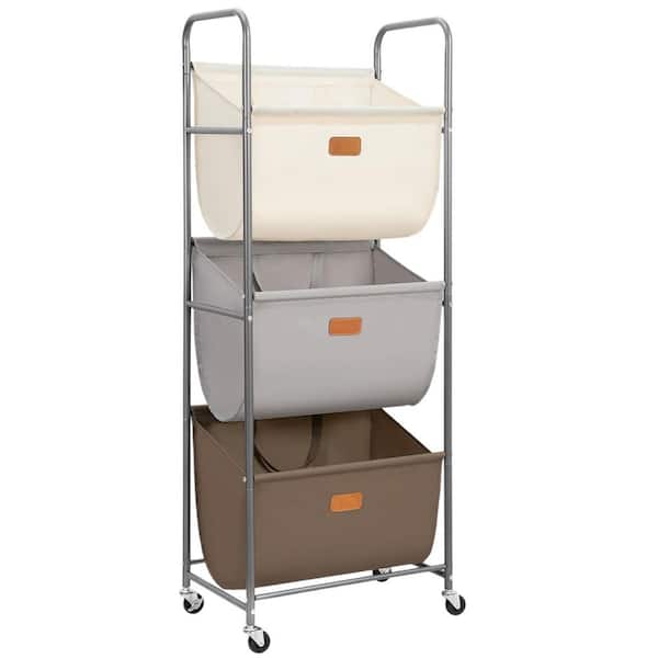 3-Section 120 L Vertical Rolling Laundry Hamper with Wheels and 2 Breaks for Small Space, Dorm, Laundry Room