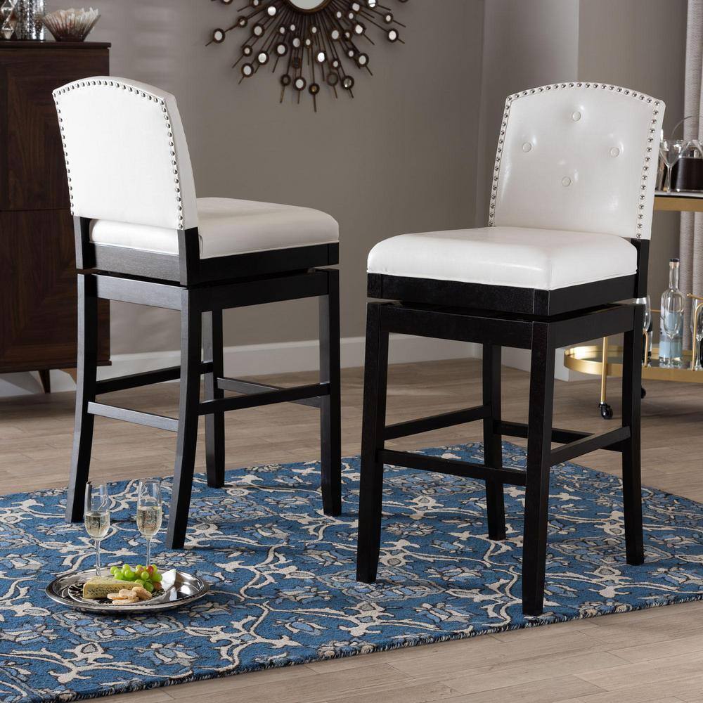 White Faux Leather Button Tufted Swivel Bar Stools Set