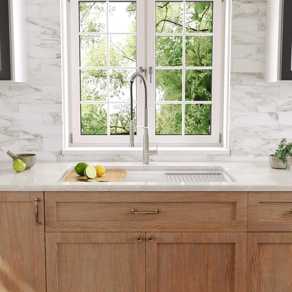White Fireclay Farmhouse Drop-In Kitchen Sink with Accessories