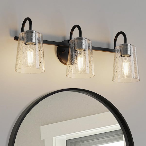 YANSUN 24 in. 3-Light Black Vanity Light with Cone Clear Glass Shades for Bathroom, Mirror, Powder Room