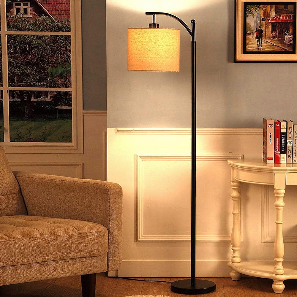 Classic Black Arc LED Floor Lamp with Tan Drum Shade