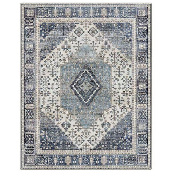 Naiad Machine Washable Blue 6 ft. x 9 ft. Geometric Border Indoor Area Rug