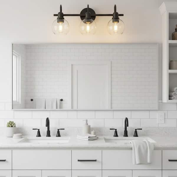 20 in. 3-Light Matte Black Vanity Light with Clear Glass Globes for Modern and Industrial Bathroom