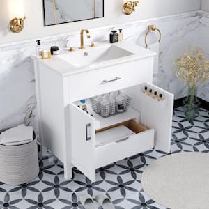 30 in. W Single Sink Freestanding Bath Vanity in White with White Ceramic Top for Small Bathrooms