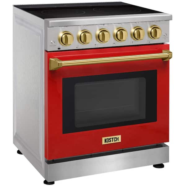 30 in. 5 Elements Freestanding Electric Range with 4.55 cu. ft. True Convection Oven in Red with Bronze Handles