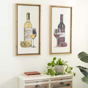 20 in. x 40 in. Large Rectangular Wine Canvas Wall Pair Art Panels with Natural Wood Frames (Set of 2)