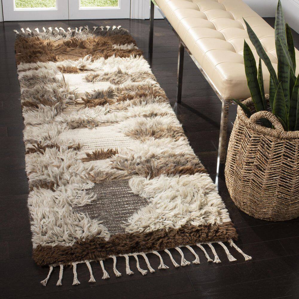 Gray and Brown Hand-Knotted Wool Runner Rug with Tassels