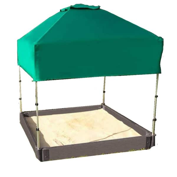Frame It All Weathered Wood 4 ft. W x 4 ft. L x 5.5 in Composite Square Sandbox with Telescoping Canopy/Cover - 2 in. Profile