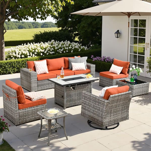 HOOOWOOO Tahoe Grey 9-Piece Wicker Patio Rectangle Fire Pit Conversation Sofa Set with a Swivel Chair and Orange Red Cushions