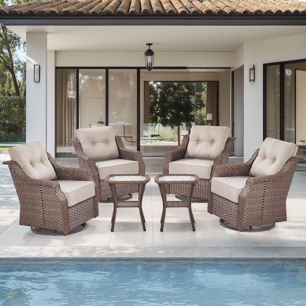 6-Pieces Brown Wicker Outdoor Swivel Rocking Chair Set with CushionGuard Beige Cushions