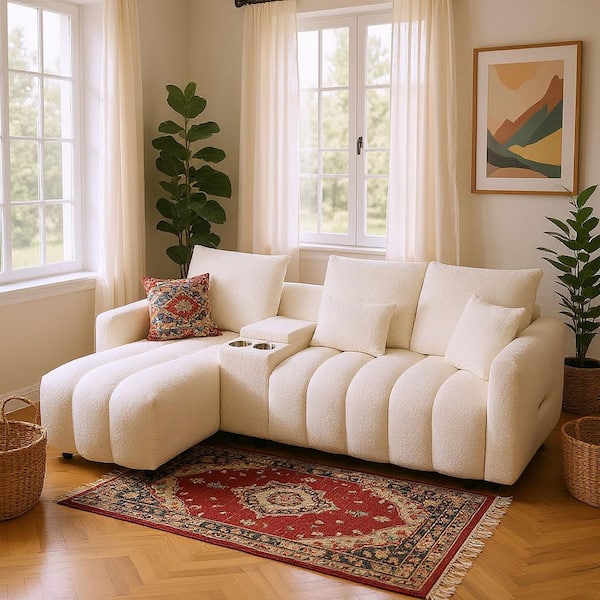 NLYBXA 92 in. Corner Teddy Fur Fabric Sofa with USB Port, Center Console, and Coffee Table in Cotton White & Soft Ivory