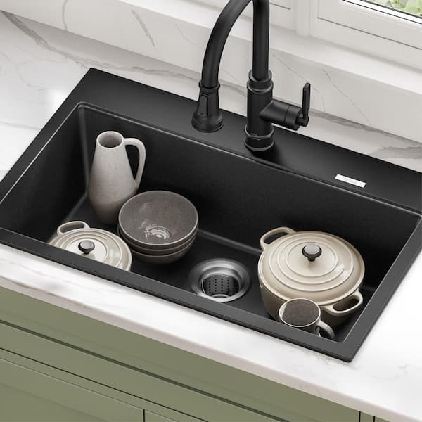 Drop-in/Undermount Granite Composite 31 in. 1-Hole Single Basin Kitchen Sink Kit in Black Onyx Drop-in/Undermount Granite Composite 31 in. 1-Hole Single Basin Kitchen Sink Kit in Black Onyx