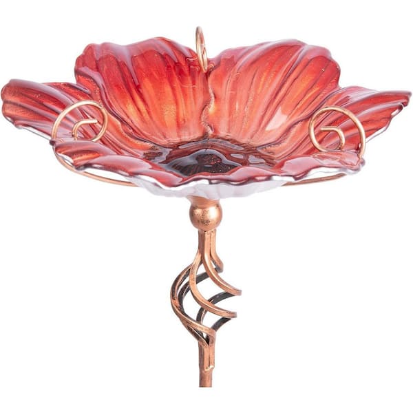 31 in. Height Glass Birdbath Birdfeeder with Metal Stake Garden Yard Outdoor, Red