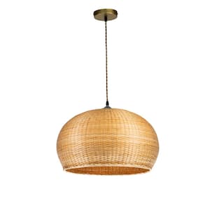 48-Watt 1 Light Natural Wood Color Bowl Shape Pendant Light with Rattan Shade, No Bulbs Included