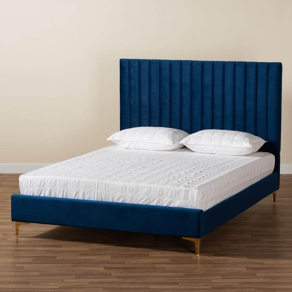 Luxurious Navy Blue Velvet Full/Double Platform Bed with Gold Metal Legs