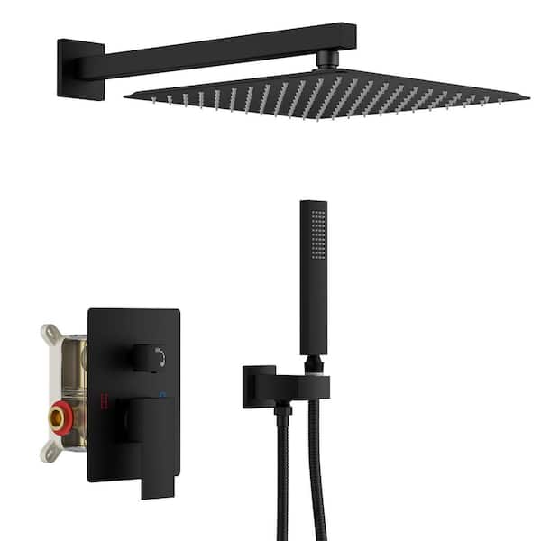 Rainfall 2-Handle 2-Spray 12 in. Square Shower Faucet 2.5 GPM with Easy to Install in Matte Black Valve Included