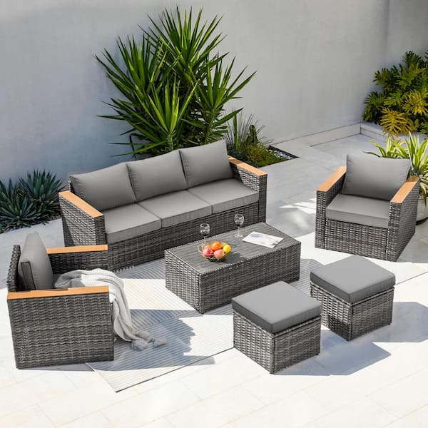 Runesay 6 Piece Wicker Outdoor Dining Set with Gray Cushion Exclusive Quick Install Patio Sectional Sofa Conversation Sets