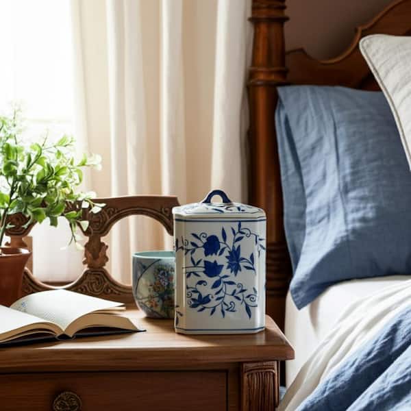 8 in. Blue Ceramic Box Chinoiserie Jar with Lid
