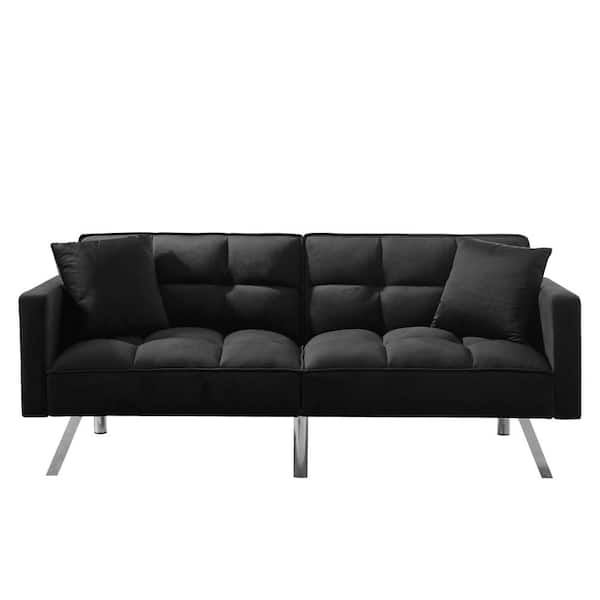 wetiny 34 in Wide Square Arm Velvet Mid-Century Modern Straight Sofa in Black