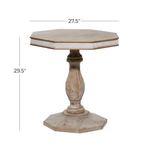 28 in. Brown Handmade Intricately Carved Floral Large Hexagon Wood End Accent Table