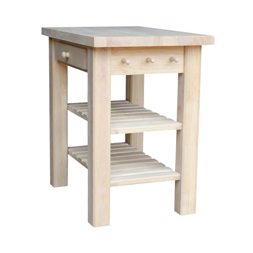 Natural Unfinished Parawood Kitchen Island with Drawer and Shelves
