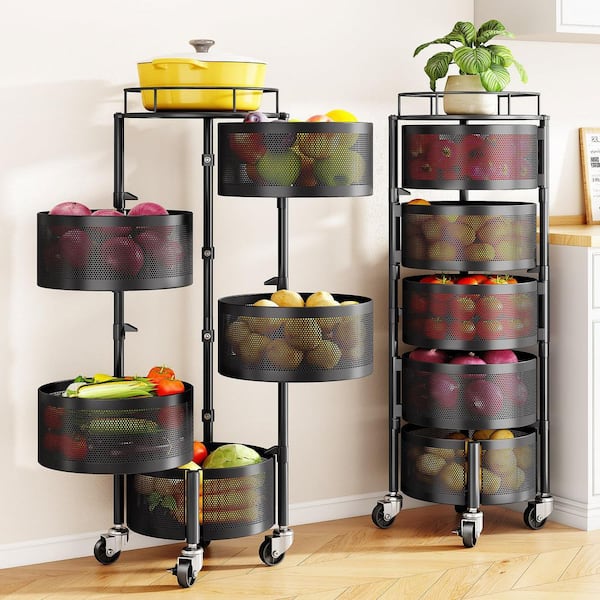 5-Tier Rotating Fruit and Vegetable Basket Bowls with Metal Top Lid and Wheels for Kitchen Potato Bread Banana, Black