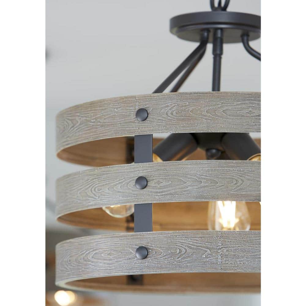 Gulliver Graphite & Wood-Grain 17" Drum Semi-Flush Ceiling Light