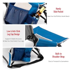 Blue Metal Patio Folding Beach Chair Lawn Chair Outdoor Camping Chair with Side Pockets and Built-In Shoulder Strap
