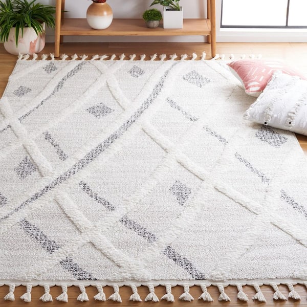 Moroccan Tassel Shag 9 ft. x 12 ft. Beige/Gray High-Low Wavy Diamond Area Rug