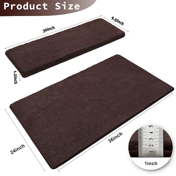 Plush Dark Brown 9.5 in. x 30 in. x 1.2 in. Bullnose Polyster Carpet Stair Tread Cover Landing Mat Tape Free Set of 15