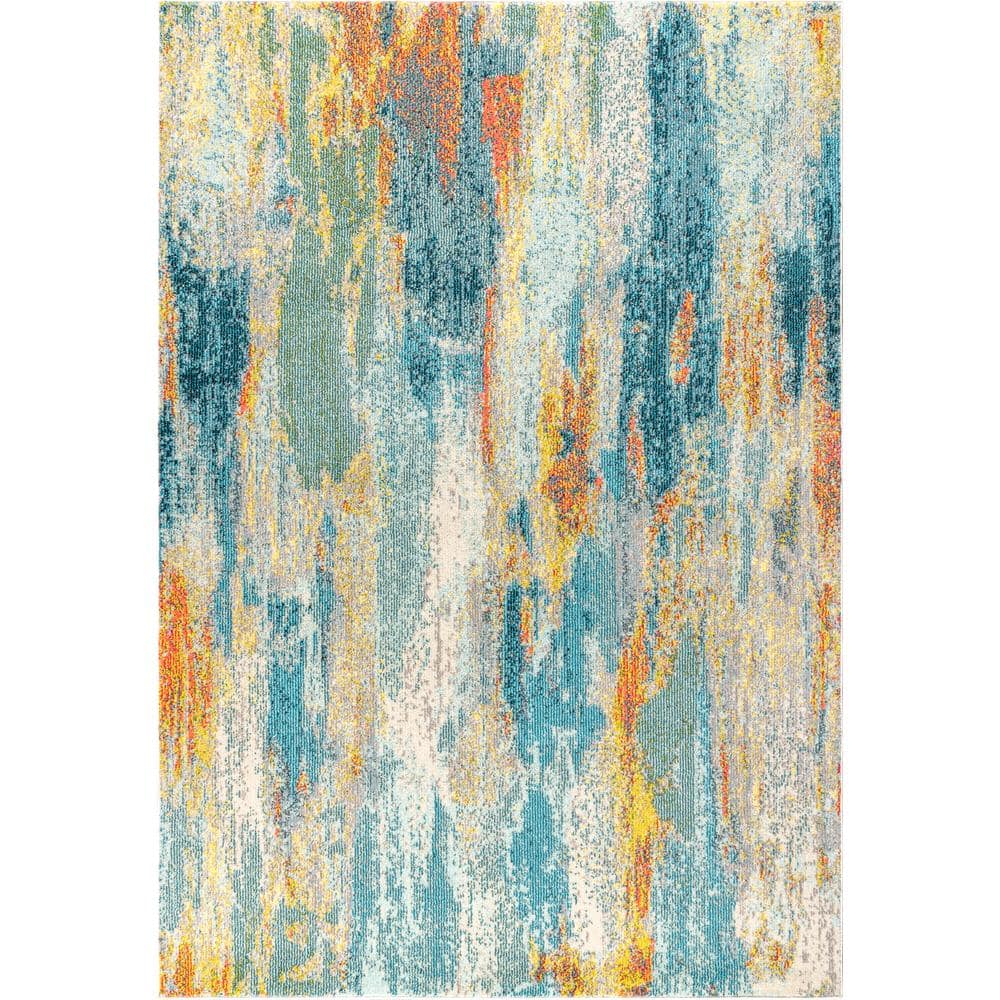 Blue Cream Yellow Abstract Rectangular Synthetic Area Rug