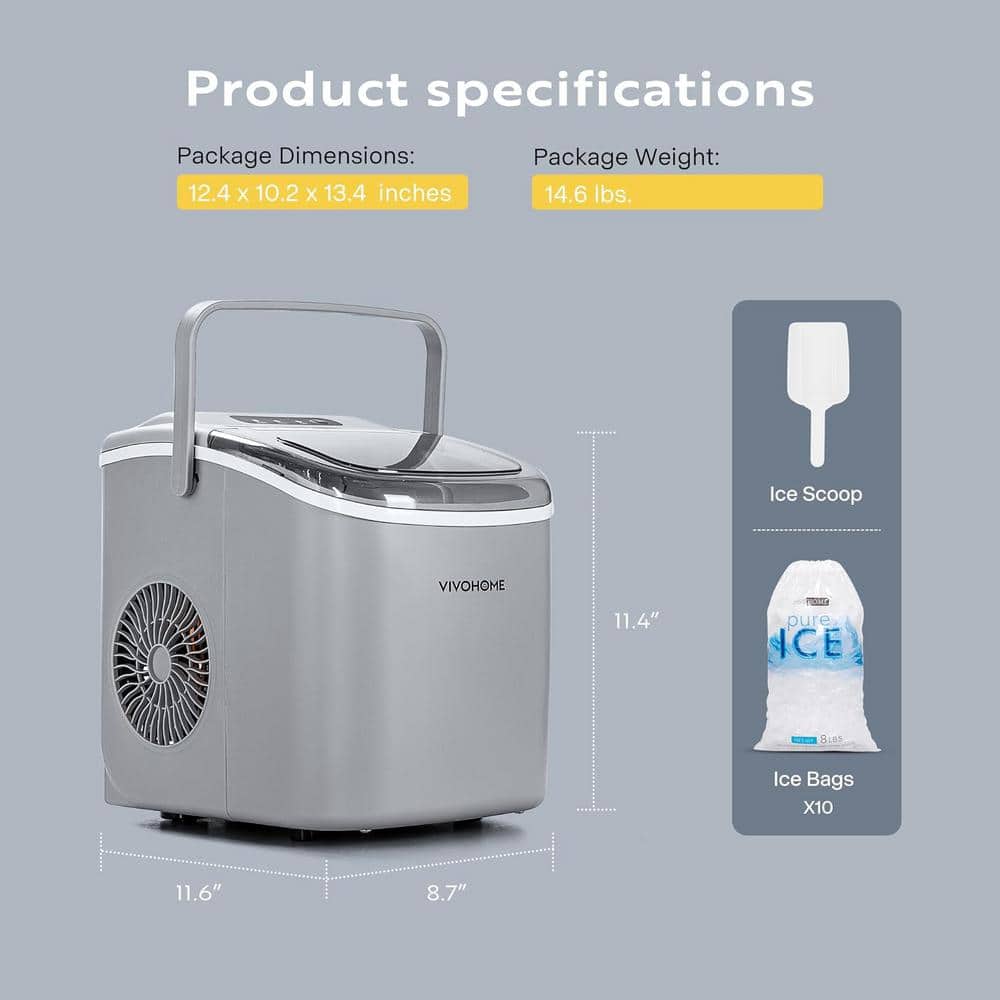 Compact Gray Portable Ice Maker with Handle and Self-Cleaning Function