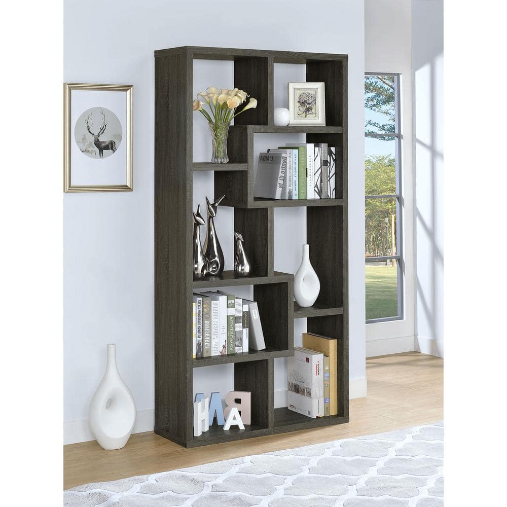 Transitional Geometric 10-Shelf Bookcase in Weathered Gray