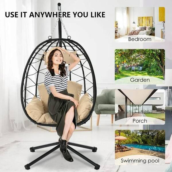 AUTMOON Black Metal Outdoor Patio Wicker Hanging Swing Chair Hammock Egg  Chair With Cream Cushions W87433841 - The Home Depot